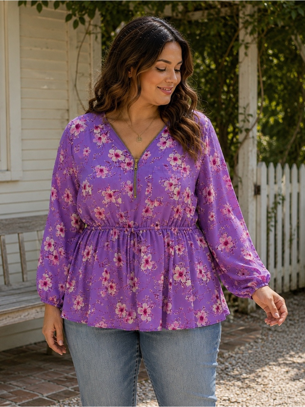 Women's Purple Floral V-Neck Drawstring Peplum Blouse